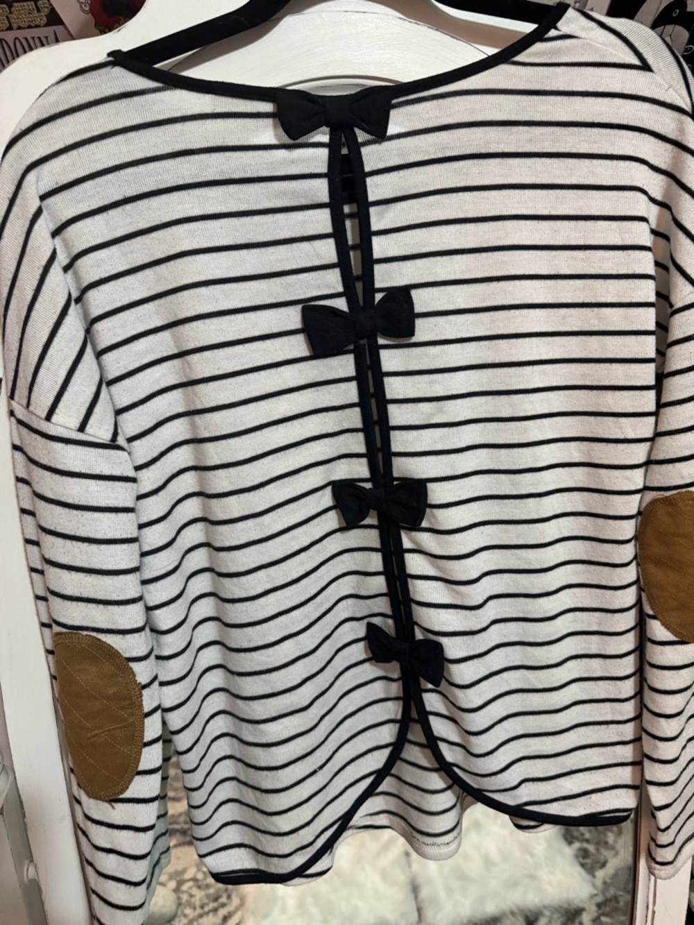 Sweet Wanderer Black & White Striped Long Sleeve Top with Tan Elbow Patches